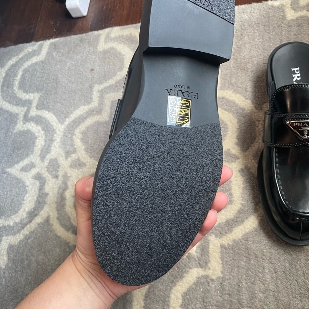 Prada Black Leather Slip-On Mules with Silver Logo - Picture 2 of 6